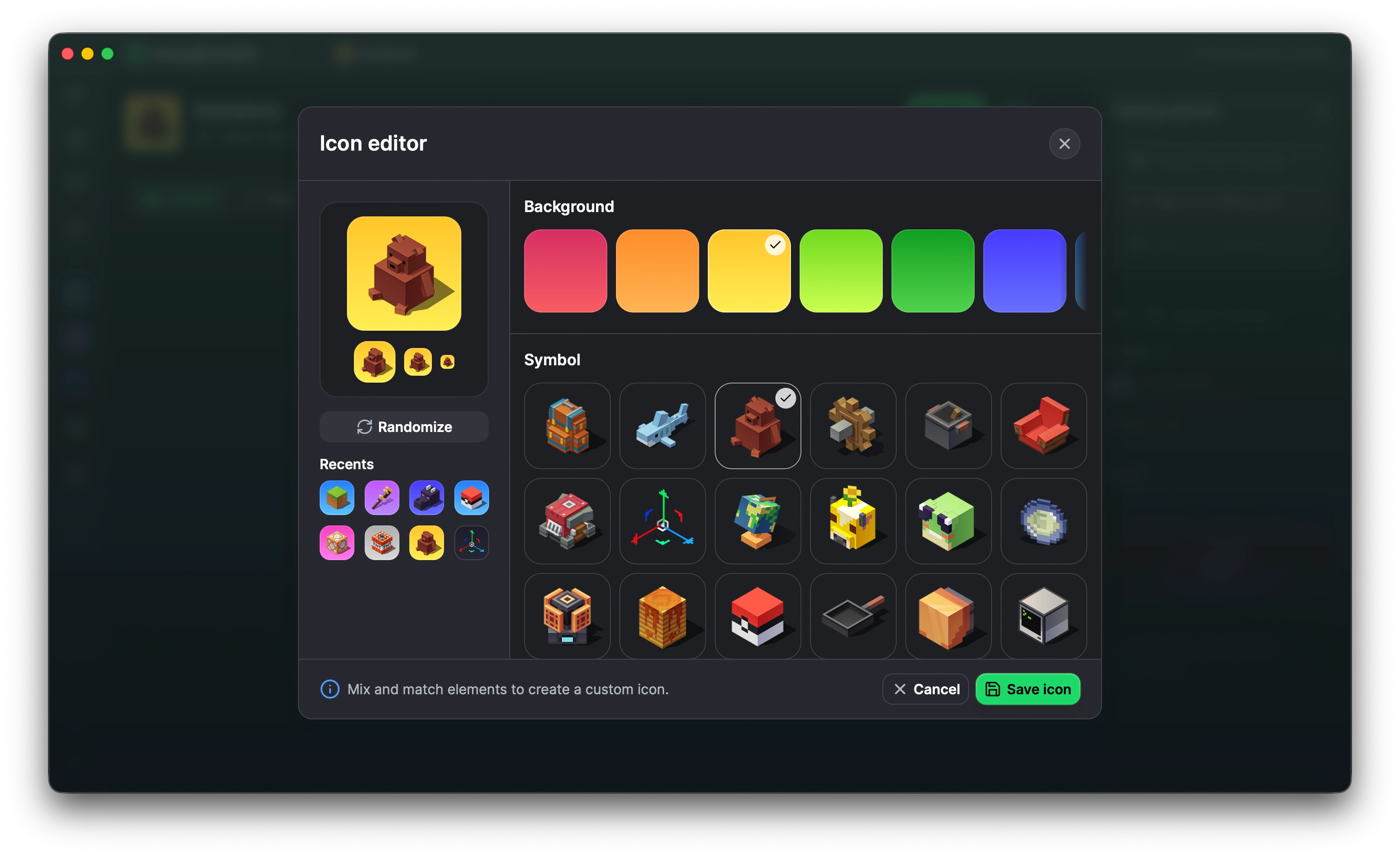 The new icon editor, where you can select a background color and a symbol of iconic modded and vanilla blocks and items to combine together into a new icon for your instance.